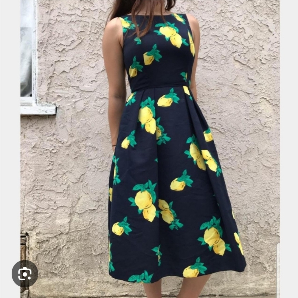 eva mendes for New York & Company Navy Midi Dress with Yellow Lemon Print